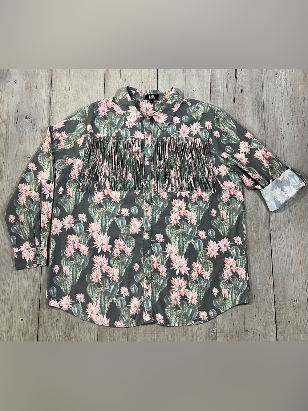 Lucky & Blessed (L&B) Western Desert Cactus Button-Up Fringe Shirt Size 3X